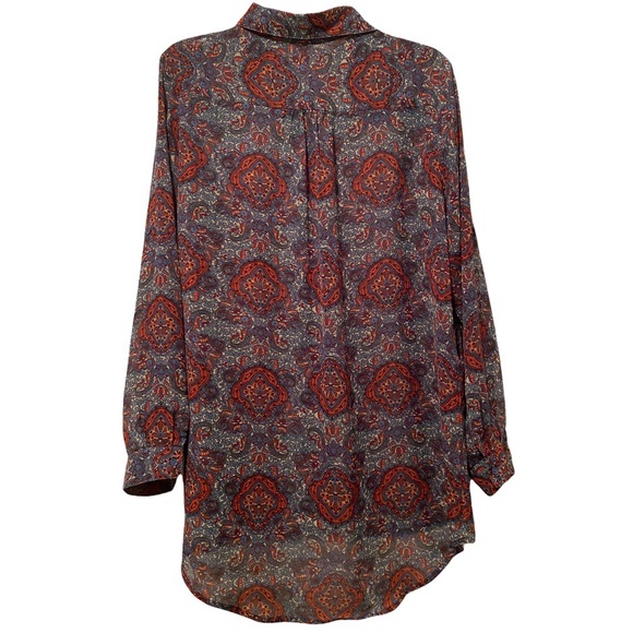 Band of Gypsies Button Front Blouse Top Roll Tab Long Sleeve Sheer Boho Paisley - Picture 2 of 4